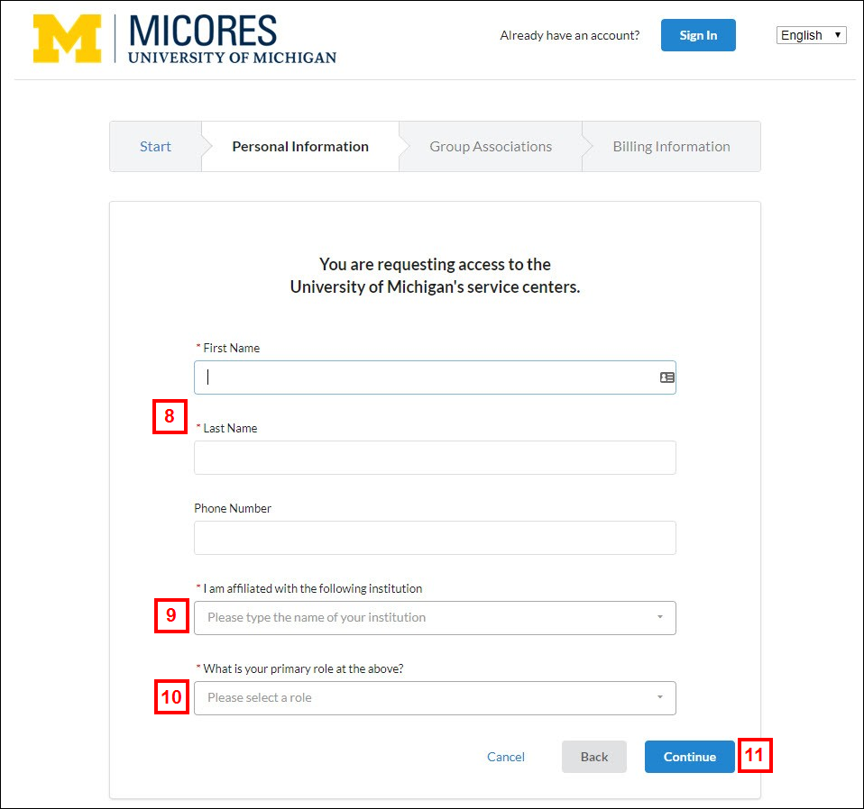 MiCORES Personal Information page