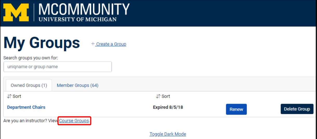 MCommuity group page with the Course Groups link highlighted. 