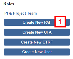 screenshot of PI & Project Team Home workspace step 1