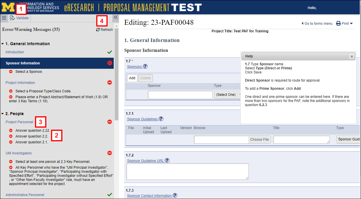 screenshot of PAF Worksheet Validate menu steps 1-4