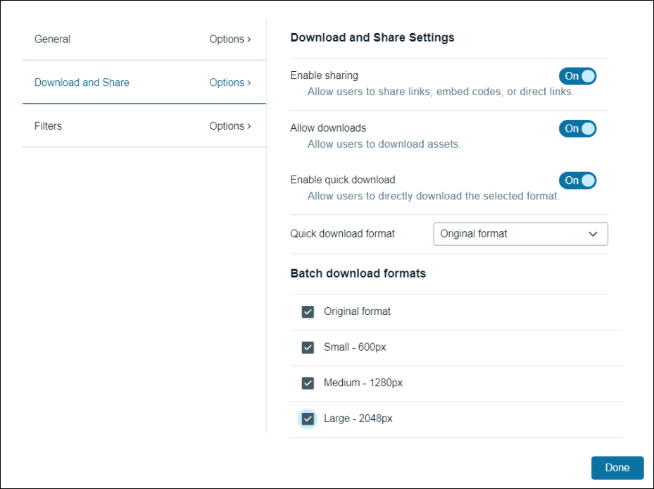 screenshot showing the download and sharing settings