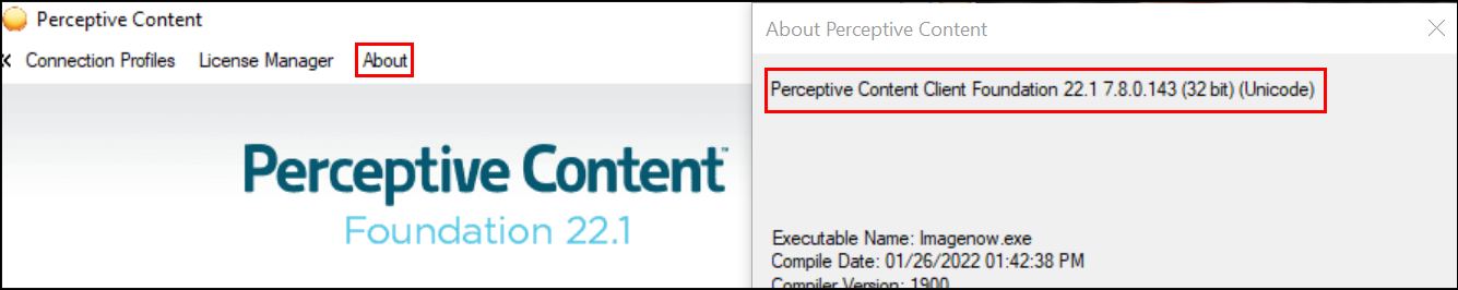 screenshot showing how to access the About Perceptive Content area