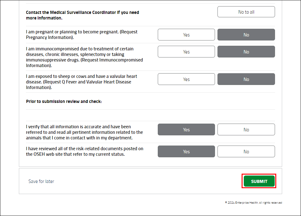 Animal Handler Questionnaire continued step 8