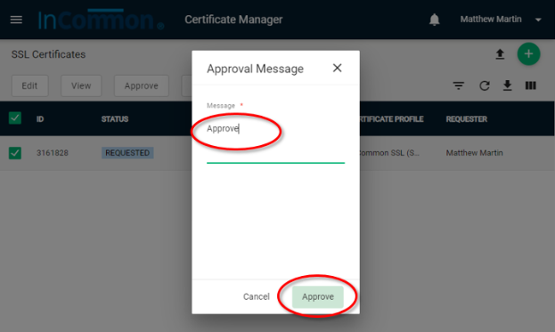 Approval Message popup window
