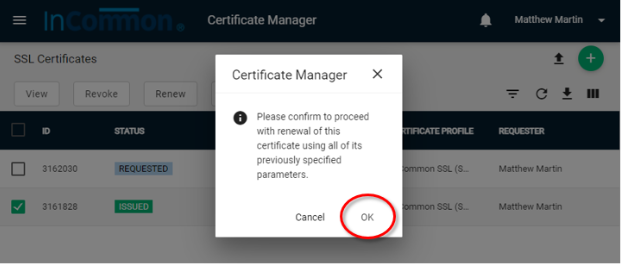 Certificate manager popup window