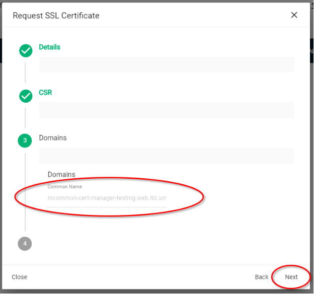 Request SSL Certificate popup window