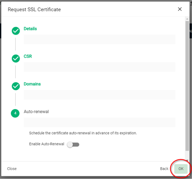 Request SSL Certificate popup window