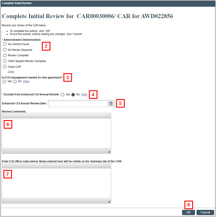 Complete Initial Review screen steps 2-8