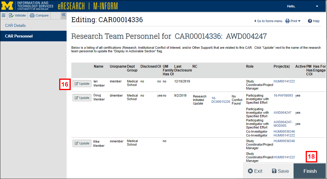 CAR smartform CAR Personnel page steps 16 -18