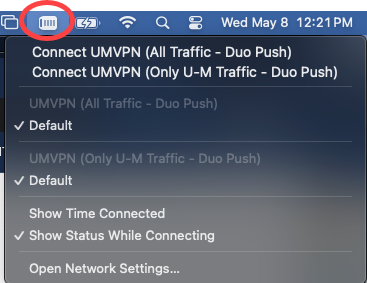 VPN icon circled showing VPN connection menu