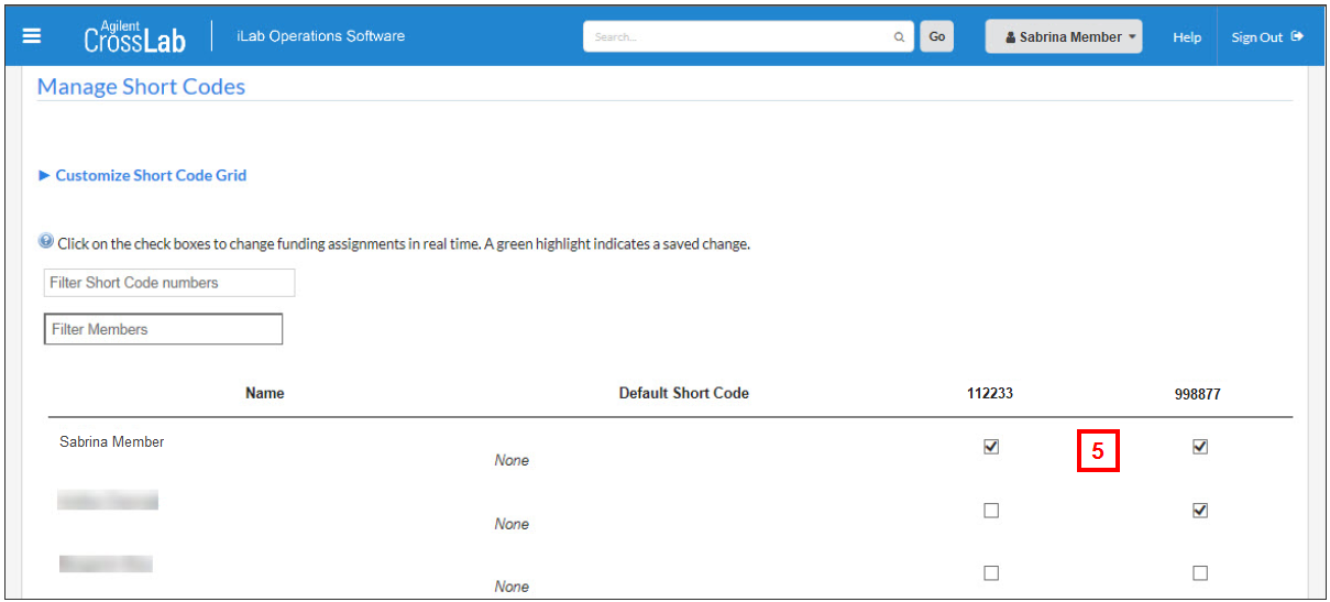 MiCORES screenshot of Agilent CrossLab Manage Short Codes page showing step 5