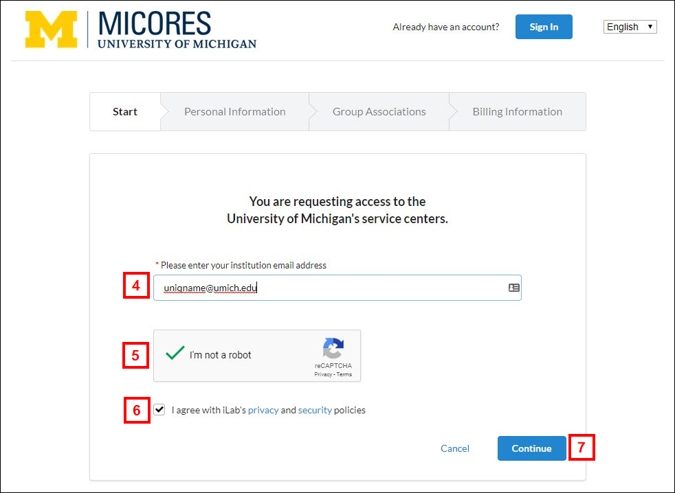 MiCORES Registration page