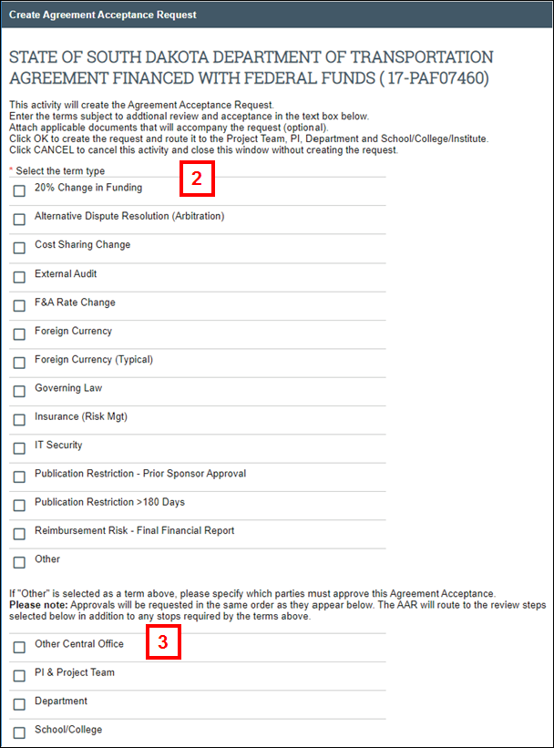 Create Agreement Acceptance Request screen steps 2-3