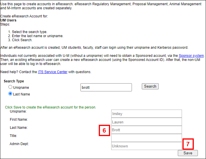 eResearch Proposal Management Create eResearch Account screen steps 6-7