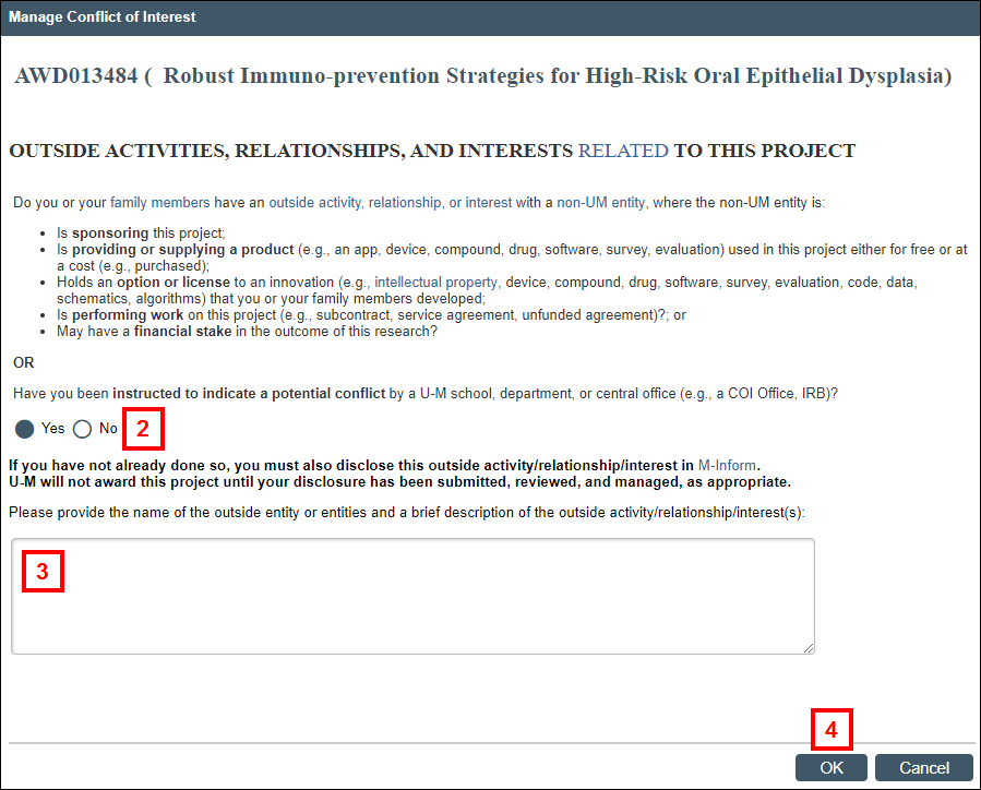 Manage Conflict of Interest screen, steps 2-4