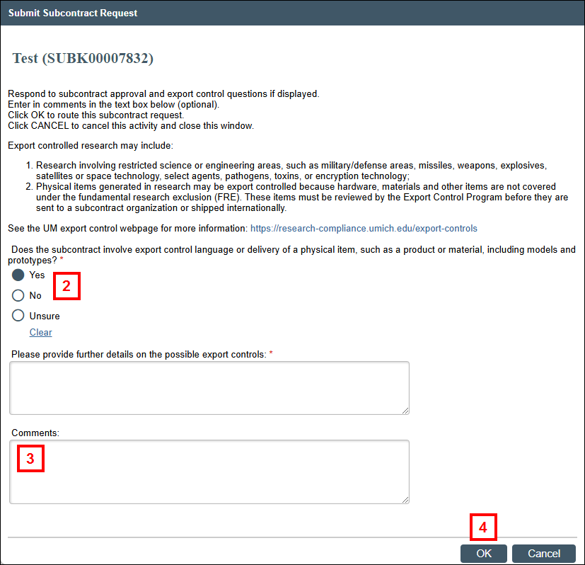 screenshot of Submit Subcontract Request activity window steps 2-4