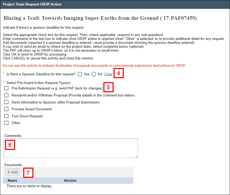 Project Team Request ORSP Action screenshot steps 4-7