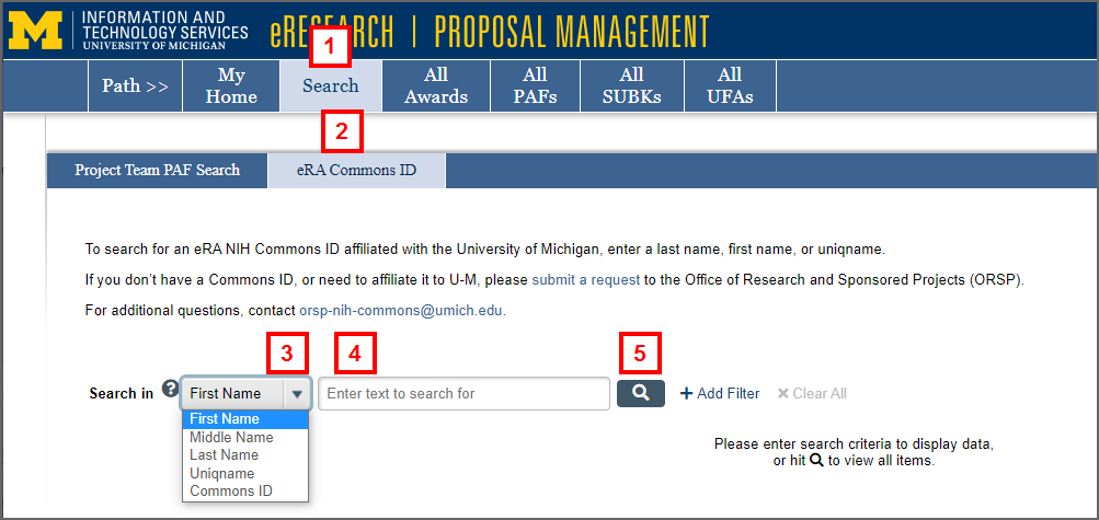 screenshot of eResearch Proposal Management Search tab steps 1-5