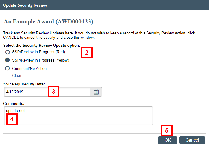 Update Security Review screen steps 2-5