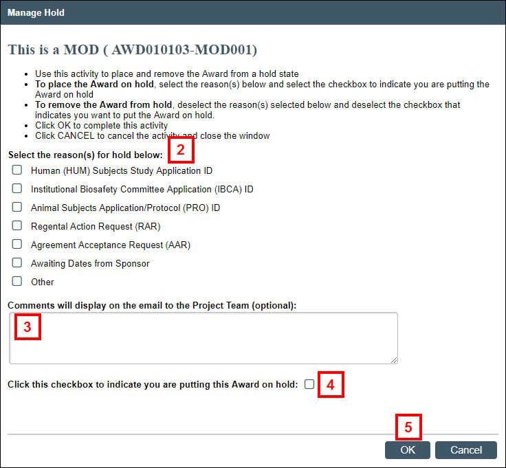 Manage Hold activity screenshot showing steps 2-5
