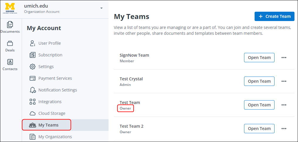 screenshot of the My Teams page