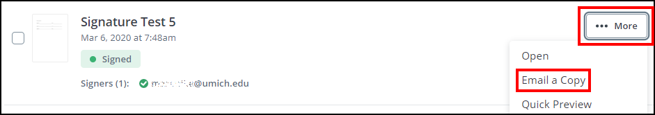 SignNow screenshot with More and Email a copy highlighted