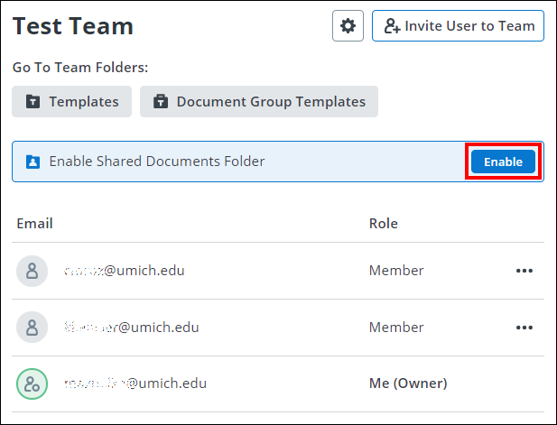 screenshot showing team folders with enable button highlighted
