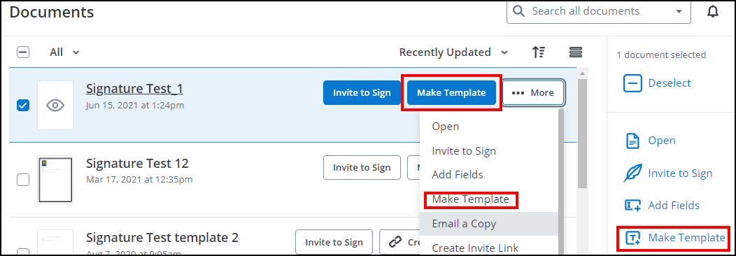 Screenshot showing three places you can select to make a template