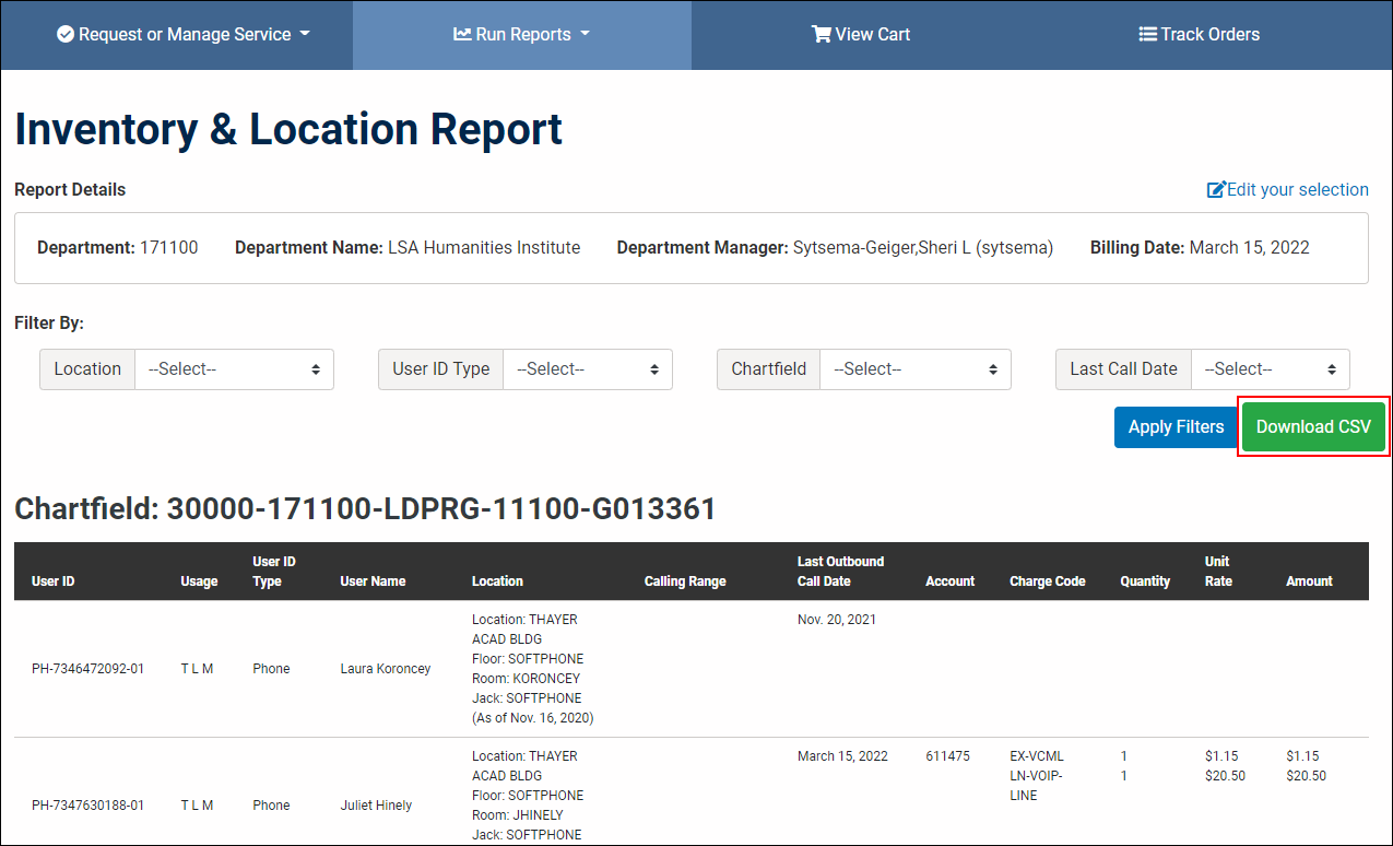 screenshot showing the generated inventory and location report