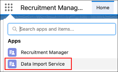 Salesforce menu showing the Data Import Service option