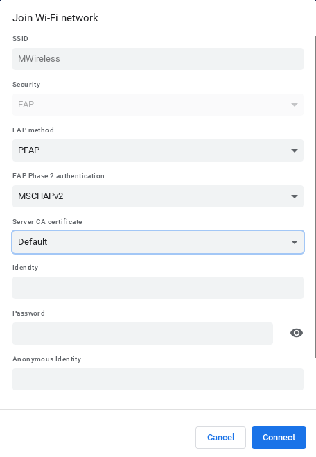 Screenshot of "Join Wi-Fi network" menu for setting up MWireless on a Google Chromebook