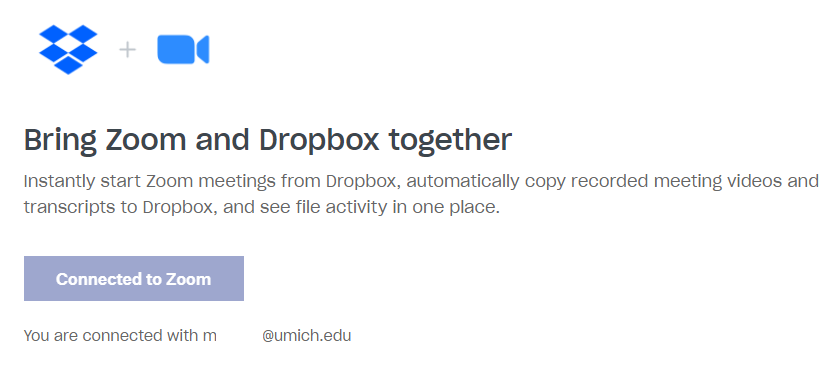 Screenshot of the Zoom for Dropbox integration page. The button says "Connected to Zoom."
