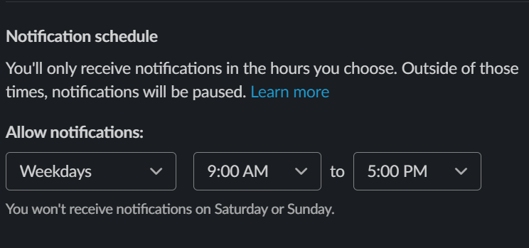 Notification schedule section in the Slack Preferences menu.