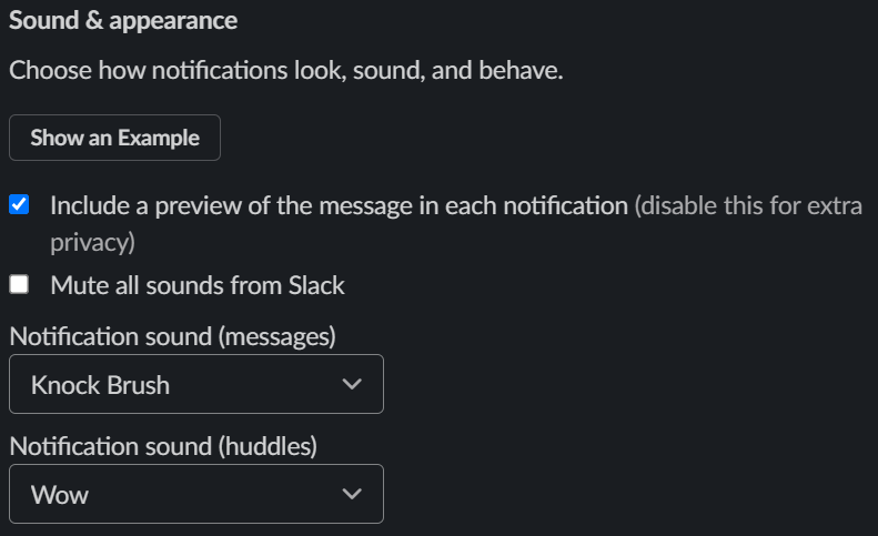 First part of the Sound & appearance section in Slack Preferences menu on Windows