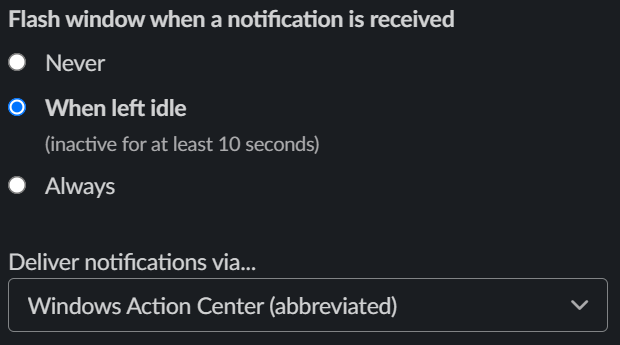 Second part of the Sound & appearance section in Slack Preferences menu on Windows.
