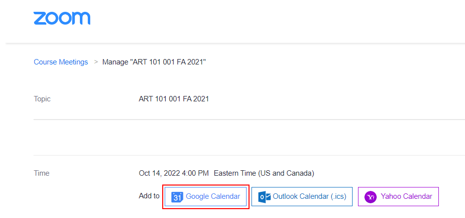 Zoom in Canvas, new scheduled meeting details with red box around Add to Google Calendar