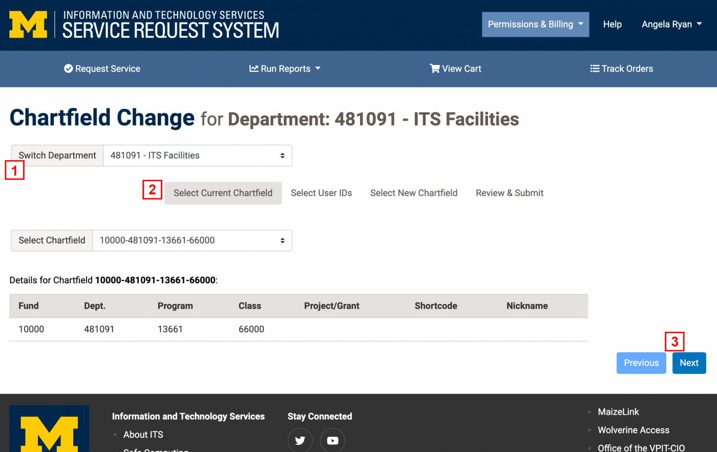 Screenshot with red numbers next to steps of the Select Current Chartfield page of the Chartfield Change Request