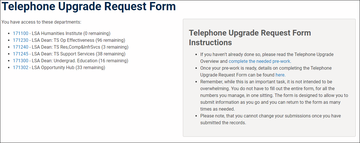 screenshot showing the telephone upgrade request form home page