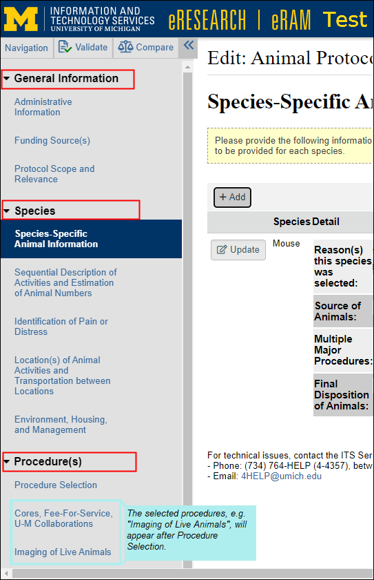 V2 protocol screenshot showing selected procedure pages within left side navigation bar