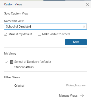 dialogue box that opens when creating a custom view