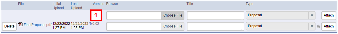 proposal document table screenshot showing Version number link next to filename