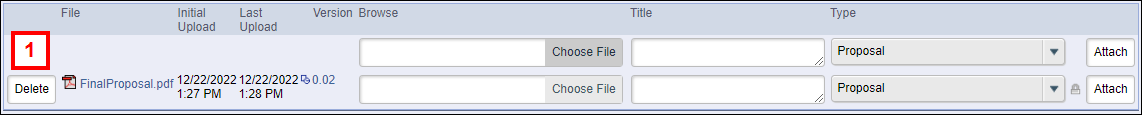 proposal document table screenshot showing delete button next to filename