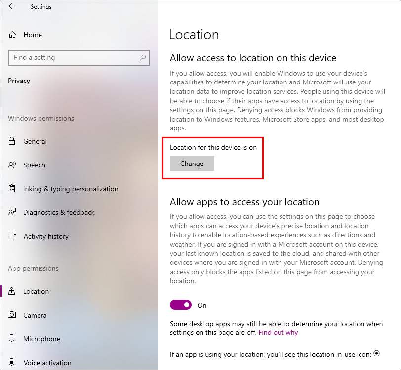 screenshot showing windows location settings