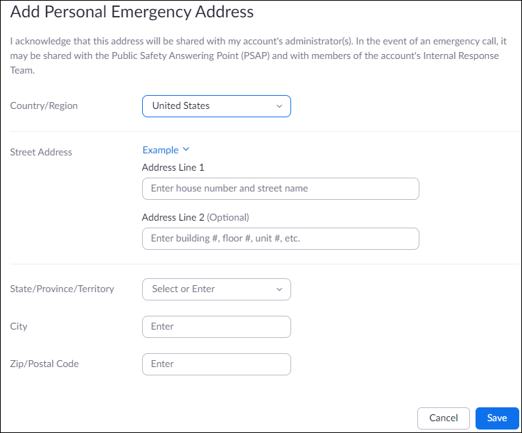 add personal emergency address window