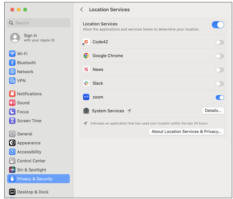 Zoom Phone Location Permissions on a Mac turned on in Privacy Settings