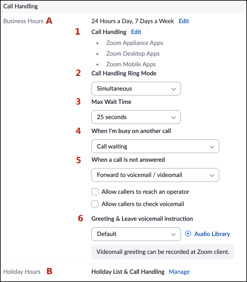 screenshot showing call handling setting options