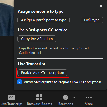 Live Transcript menu in a Zoom Meeting of host, red box around Enable Auto-Transcription button
