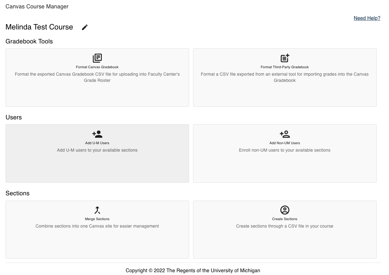 Screenshot of CCM administrator tools displaying gradebook tool buttons, bulk user management tool buttons and section management tool buttons.