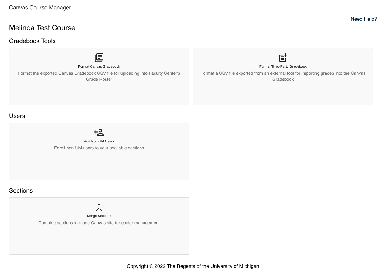 Screenshot of the course manager teacher view showing gradebook tools, add non-UM users and section merge tiles.