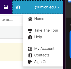 Drop-down menu in U-M Cocoon Data when clicking your UMICH email address in the top-right corner